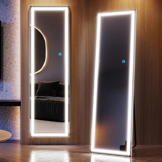 Full Length Mirror with Lights LED Mirror 63 X 20 Full Body Mirror Floor Standing Mirror Stand up Mirror Wall Mirror Lighted Mirror Bedroom (White)