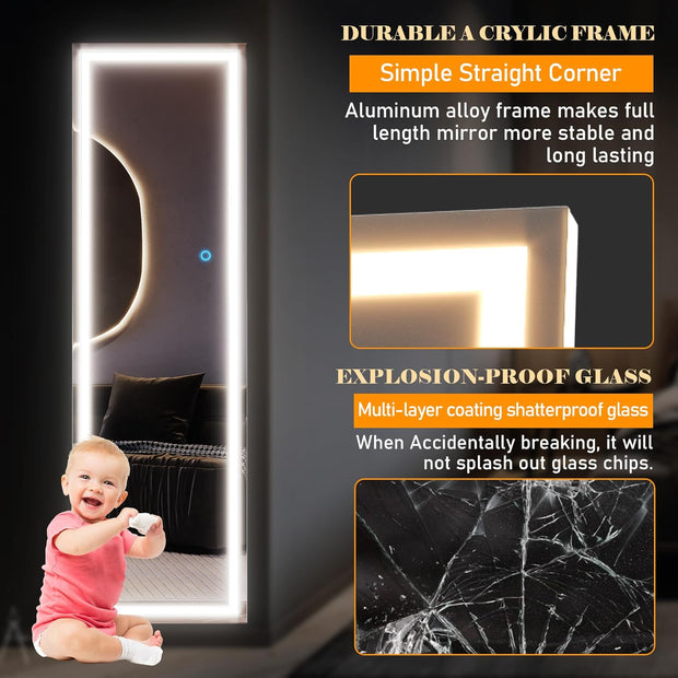 Full Length Mirror with Lights LED Mirror 63 X 20 Full Body Mirror Floor Standing Mirror Stand up Mirror Wall Mirror Lighted Mirror Bedroom (White)