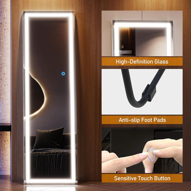 Full Length Mirror with Lights LED Mirror 63 X 20 Full Body Mirror Floor Standing Mirror Stand up Mirror Wall Mirror Lighted Mirror Bedroom (White)