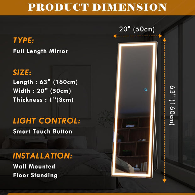 Full Length Mirror with Lights LED Mirror 63 X 20 Full Body Mirror Floor Standing Mirror Stand up Mirror Wall Mirror Lighted Mirror Bedroom (White)