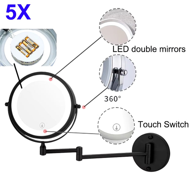 Led Folding Bathroom Mirrors Touch Function Led Magnifying Makeup Mirror Wall Mounted Dual Arm Extension LED Bathroom Mirror