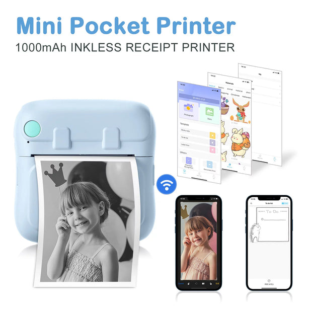 Portable Photo Printer with 7 Rolls Printing Paper, Inkless Mini Printer for IOS & Android, Bluetooth Smart Sticker Printer for Picture, Receipt Label, Note, QR Code Printing (Blue)