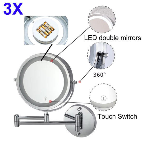 Led Folding Bathroom Mirrors Touch Function Led Magnifying Makeup Mirror Wall Mounted Dual Arm Extension LED Bathroom Mirror